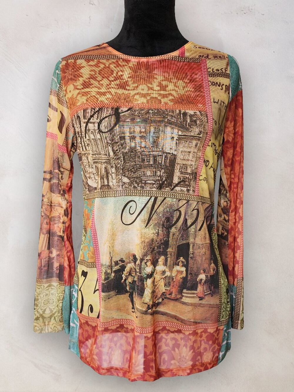 Vintage Classic Designs Mesh Top French Renaissance Graphic Art Collage Y2K 90s